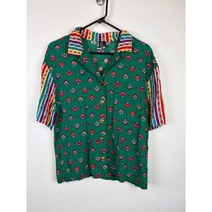 Ali Miles Blouse 10 Green Vintage 90s Rayon Button Up Geometric Artsy Striped